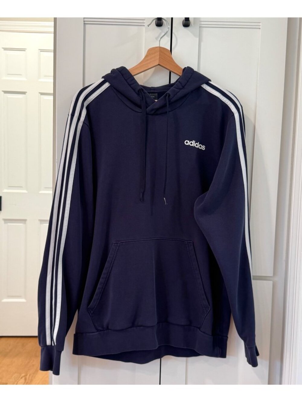 Adidas Mens Hoodie Sweatshirt Size Large Navy Blue with White Stripes Cotton